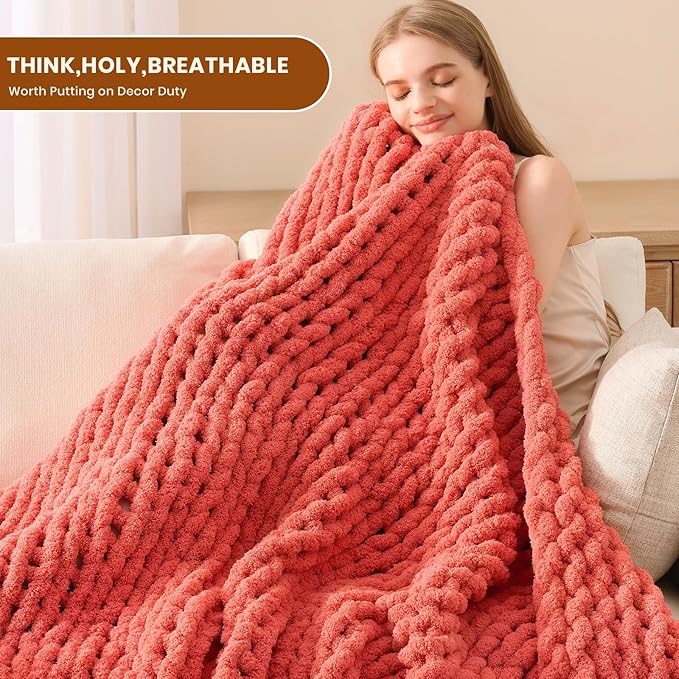 L'AGRATY Chunky Knit Blanket Throw: 60''x80'' Chenille Chunky Knitted Throw Blankets for Twin Bed Couch - Handmade Thick Cable Knit Blanket - Large Crochet Rope Blankets for Home Decor(Coral Pink)