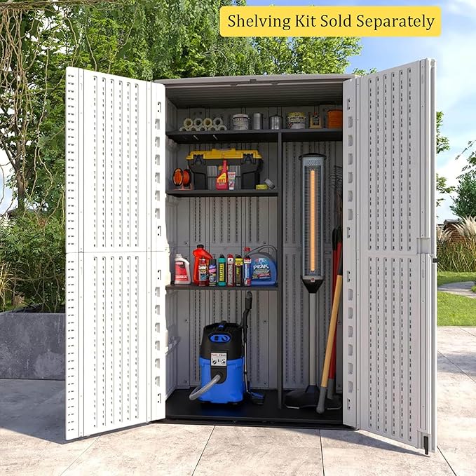 HOMSPARK Storage Shed Weather Resistance, Multi-Purpose Outdoor Storage Cabinet Waterproof, Outdoor Storage Cabinet for Garbage Cans, Lawnmower, Garden Accessories (White, Tall shed-53 cu ft)