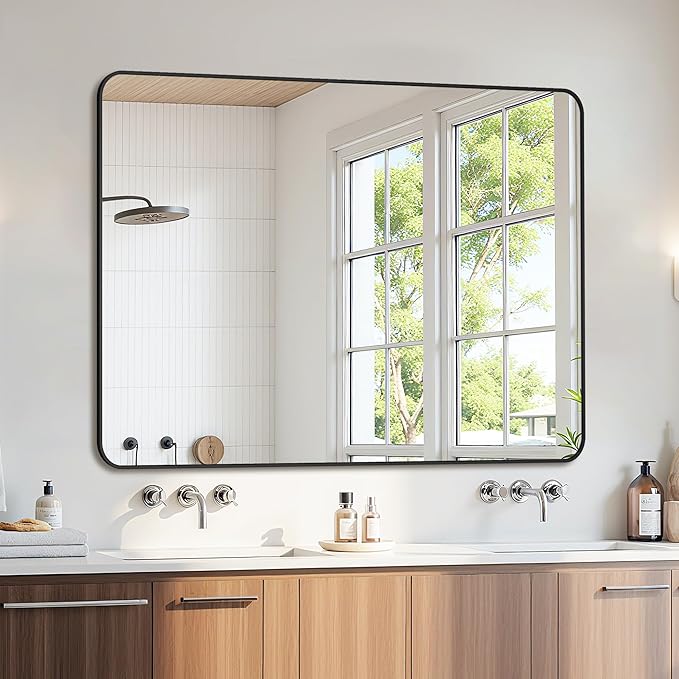 Bathroom Mirror 48" x 36", Large Rectangle Wall Mirror, Black Metal Frame Wall Mounted Mirrors for Bathroom, Vanity, Bedroom, Entryway Decor(Horizontal/Vertical)