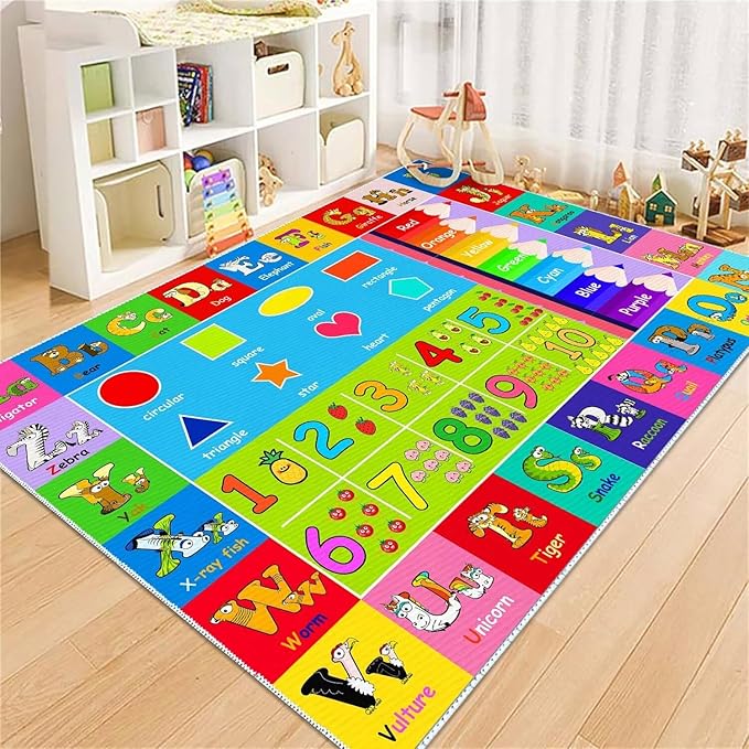 Kids Alphabet Play Game Rug - 5' 3" x8' ABC Numbers and Shapes Educational Learning Toddler Carpet - Kids Room Playroom Classroom Kindergarten Activity Fun Soft Non-Slip Mat