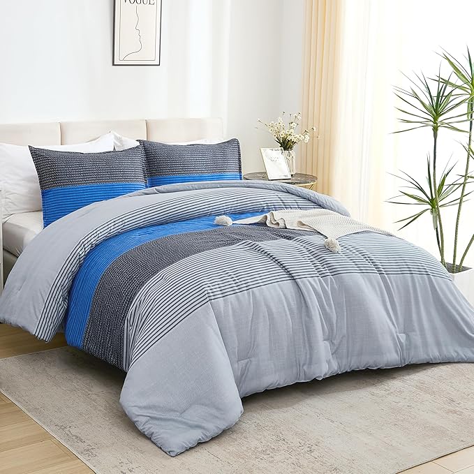 Litanika Blue Grey Bed Comforter Twin Set, XL Twin Comforter Boys Men Striped Bedding Comforter Set, 2 Pieces Lightweight Soft All Season Down Alternative Comforter