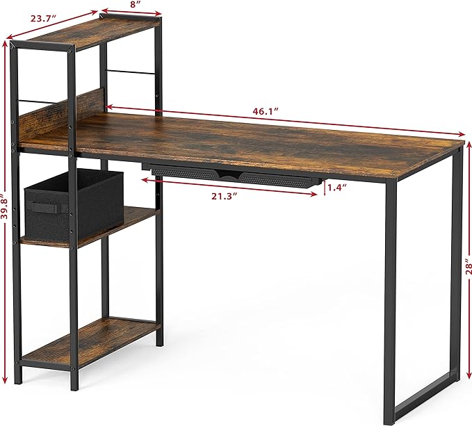 SHW 46-Inch Mission Desk with Side Shelf, 24" Deep, Rustic Brown