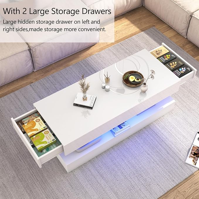 Uspeedy 47.3IN High Glossy LED Coffee Table,APP LED Lights,Black/White, Modern Furniture for Living Room (White)