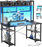 armocity 2024 Upgrade Gaming Desk with Hutch, 48'' Magic Computer Desk with LED and Outlets, Reversible Workstation Desk with Pegboard, Grey/Black