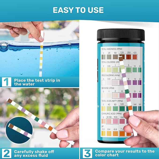 JNW 7-in-1 Pool Test Strips, 100 Quick & Accurate Test Strips for Pool Water, Spa Test Strips for Hot Tub, Chlorine Test Strips, Bromine, pH, Alkalinity, Hardness & More - Swimming Pool Test Kit