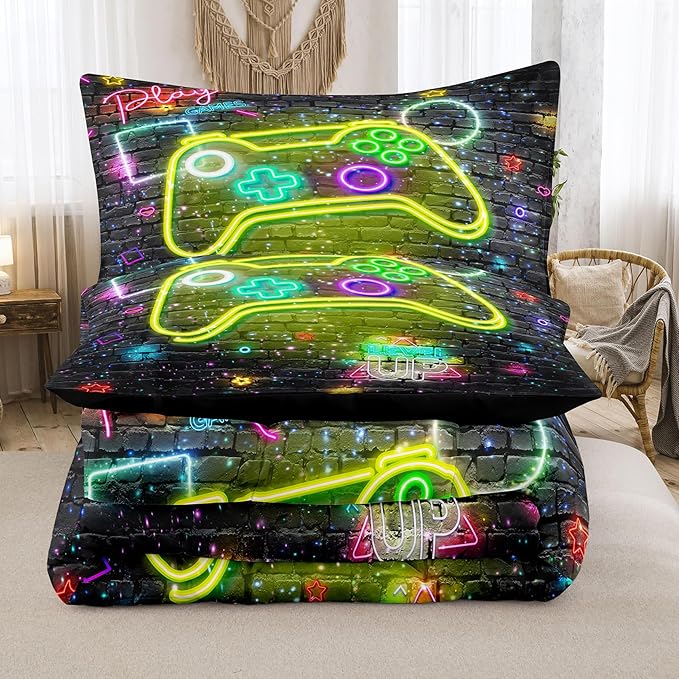 NINENINE Full Size Bedding Sets for Boys,5PCS Gaming Bedding Sets,Full Size Comforter Size for Boys,Boys Bedding Full Size(1Comforter, 1Flat Sheet, 1Fitted Sheet, 2Pillowcases)