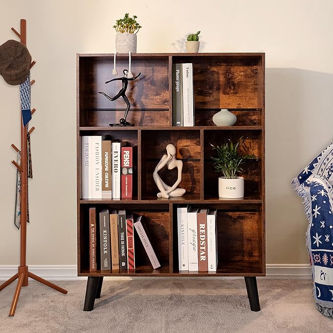 LEYAOYAO Cube Bookshelf 3 Tier Mid-Century Rustic Brown Modern Bookcase with Legs,Retro Wood Bookshelves Storage Organizer Shelf,Freestanding Open Book Shelves for Bedroom,Living Room,Office