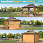 EROMMY 10'x12' Gazebo Hardtop, Galvanized Steel Double Roof Metal Gazebo with Aluminum Frame, Permanent Outdoor Pavilion with Curtain and Netting for Patio, Lawn and Garden, Brown