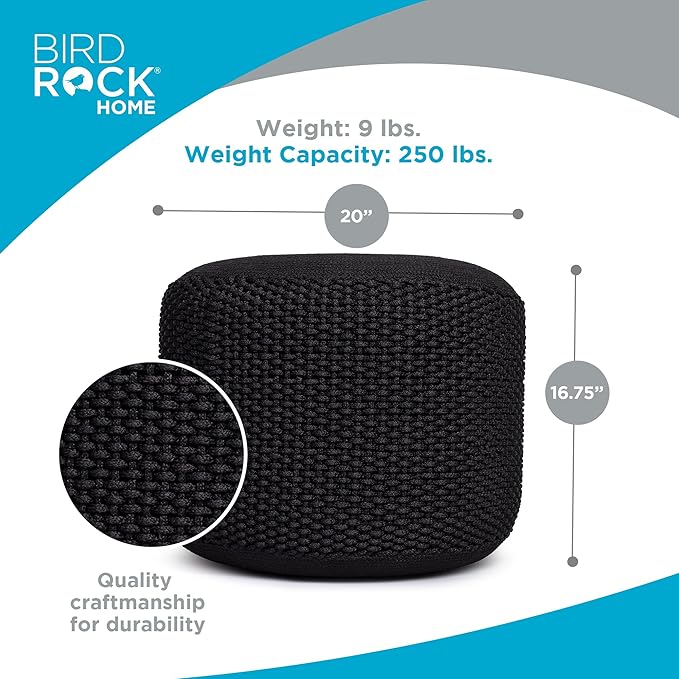 BIRDROCK HOME Outdoor Pouf Ottoman | Hand Woven Waterproof Foot Stool with Bead Bag Filling | Boho Foot Rest for Patio, Living Room, Porch & Outdoor Seating | Lightweight, Soft Stuffed Chair | Black
