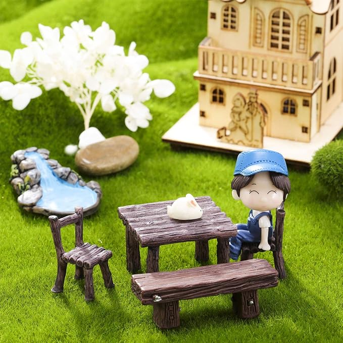 Skylety 12 Pieces Garden Furniture Ornaments Miniature Table and Chairs Set Village Micro Resin Bench Chair for Dollhouse Accessories Home Micro Landscape (Vintage Style)