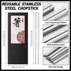 10 Pairs Metal Chopsticks Reusable 18/8 Stainless Steel Chopsticks with Sleek Engraving Patterns 9.25 in Japanese Korean Chop Stick Non-slip Dishwasher Safe for Premium Gift Set
