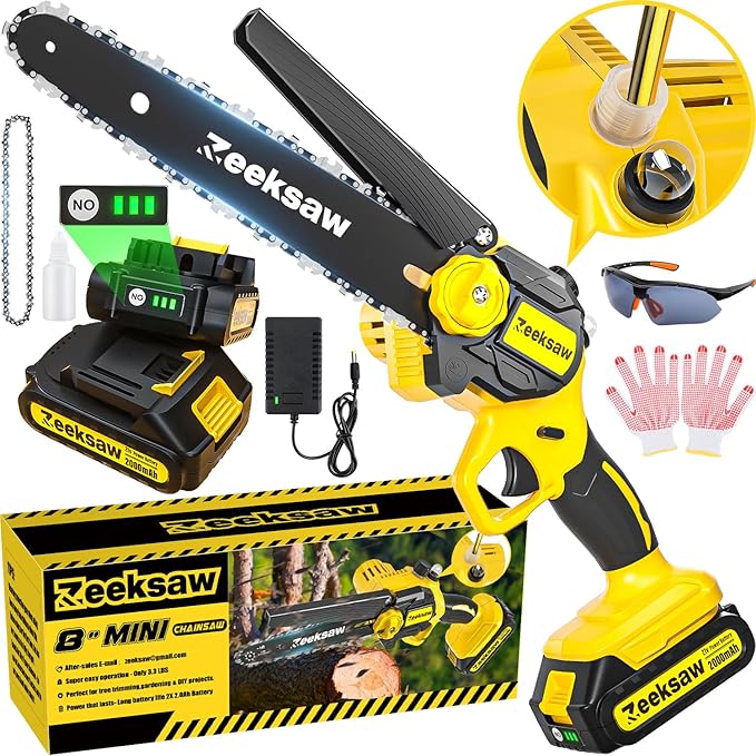 Mini Chain saw Cordless 8 inch Auto Oiler, Automatic Chain Tension, 21V MAX* Rechargeable Cordless Chainsaw with 2x2.0Ah Battery and Charger, Mini Chainsaw 8 inch Cordless Hand-Held Electric Chain Saw