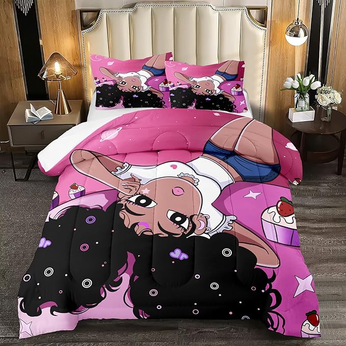 African American Comforter Sets for Girls, Twin Comforter Set for Girls, Girls Bedroom Decor, Black Girls Kids Comforter Sets 2 Piece Pink Twin Size Pretty Girl Bedding Set with 1 Pillowcase