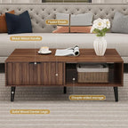 Mid Century Modern Coffee Table with Grooved Drawers & Open Storage, 47" MDF Walnut Wood Center Table with Black Solid Wood Legs, Retro Living Room Furniture
