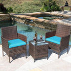 Greesum 3 Pieces Patio Furniture Sets Outdoor PE Rattan Wicker Chairs with Soft Cushion and Glass Coffee Table for Garden Backyard Porch Poolside, Brown and Blue