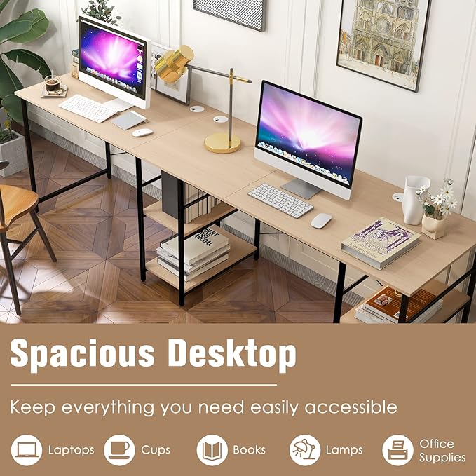 L-Shaped Home Office Desk, Corner Computer Desk w/Monitor Stand, Reversible PC Desk w/Heavy-Duty Metal Frame, Long Office Desk for 2 Person, Space-Saving Design (Natural)