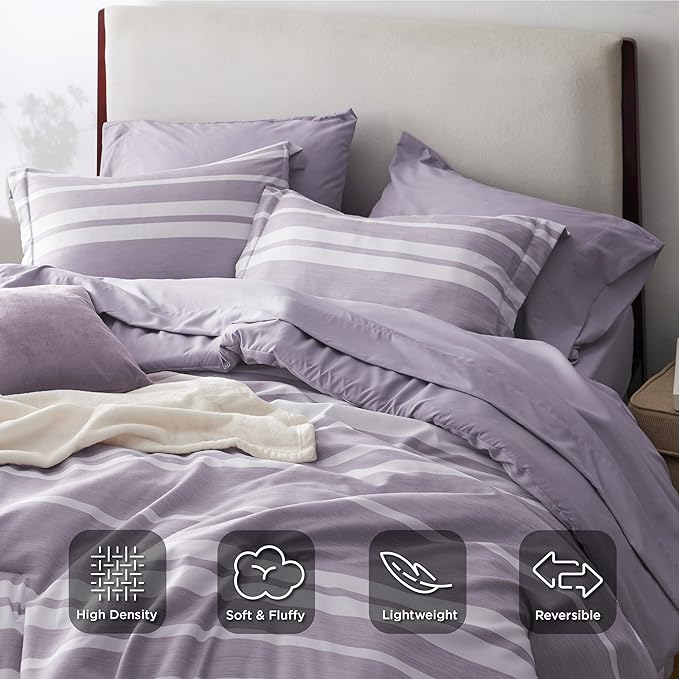 Bedsure Bed in a Bag King Size 7 Pieces, Purple White Striped Bedding Comforter Sets All Season Bed Set, 2 Pillow Shams, Flat Sheet, Fitted Sheet and 2 Pillowcases