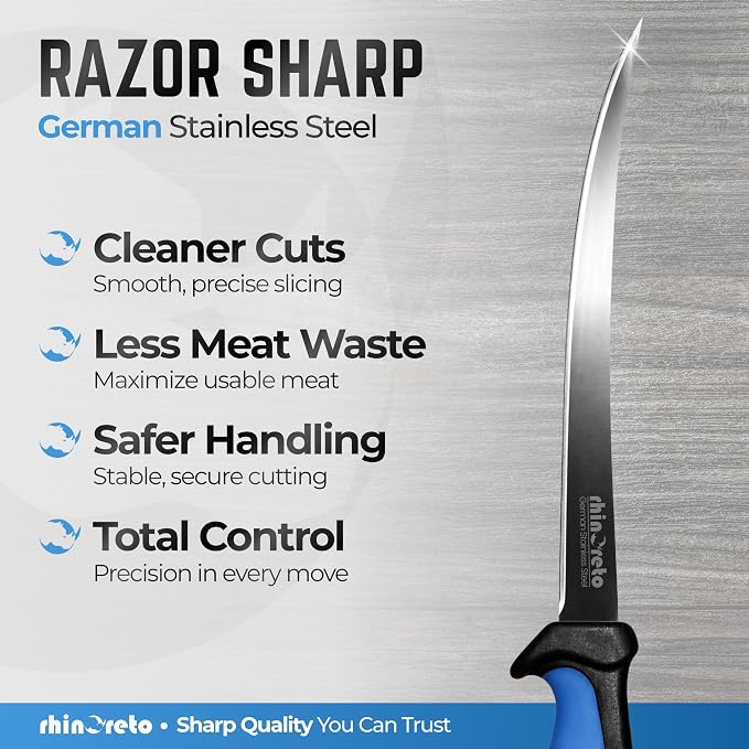 Rhinoreto Fillet Knife for Fish - Razor Sharp G4116 German Stainless Steel Blade, 8 Inch Professional Filleting & Boning Knife with Non-Slip Handle, Protective Sheath & Sharpener