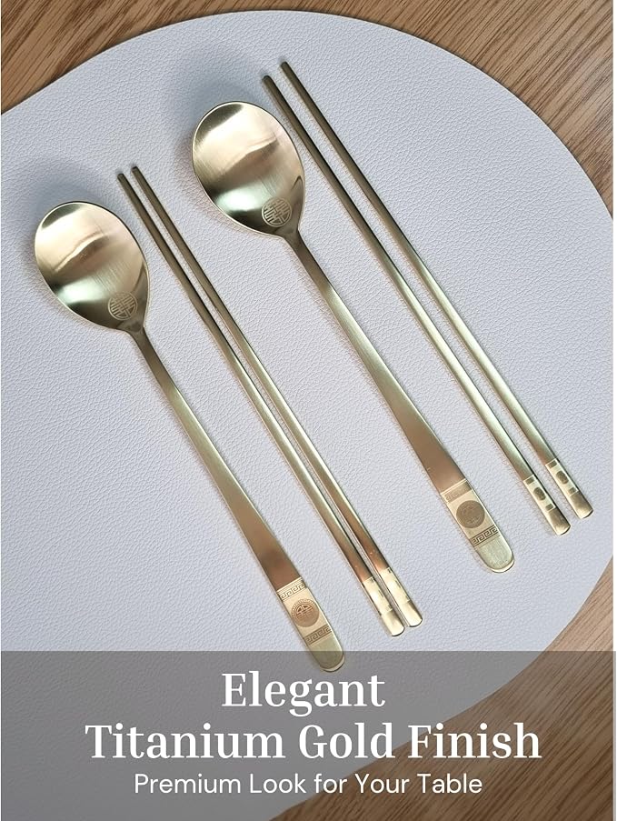ONGI Korean Spoon and Chopstick 1 Set – Premium 18/10 Titanium Gold – Double Happiness Design – Gift-Ready – Made in Korea – Dishwasher Safe (Hee Pattern Gold 1 Set)