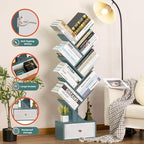 8 Tier Tree Bookshelf with Drawer, Free Standing Wood Bookcase for Narrow Space, Storage Organizer Bookshelves for Books, Book Case for Home Office, Living Room, Bedroom, Navy Blue