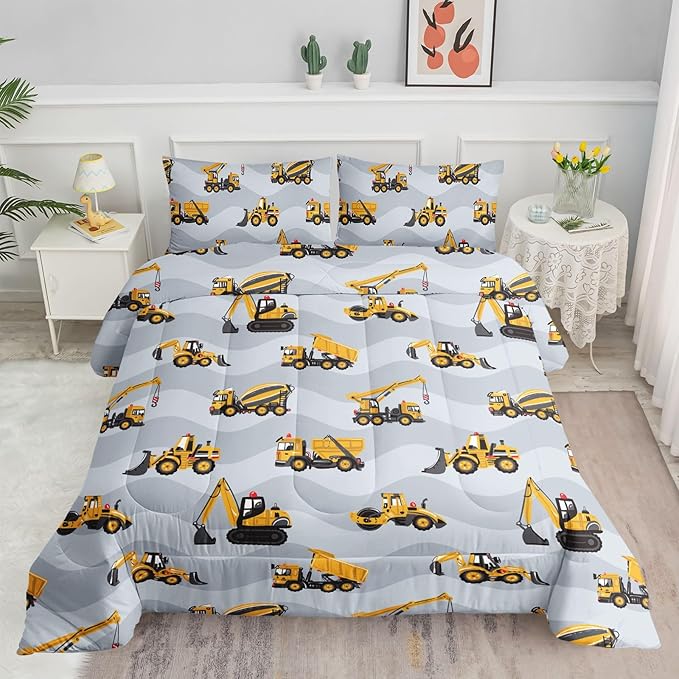 Datura home Construction Truck Comforter Set for Boys Kids Children,Grey Machinery Truck Excavators Vehicles Cartoon Tractor Bedding with 1 and 2 Pillowcases(Truck Grey Queen), Queen 90x90inches