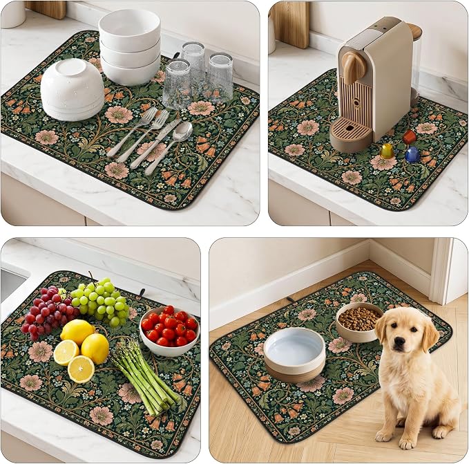 Vintage Floral Dish Drying Mat for Kitchen Counter Coffee Bar 18x24 in | Decorative Non Slip Absorbent Kitchen Dishes Drainer Mat, with Anti-slip Rubber Backing & Hanging Loop, for Sink, Home Gift