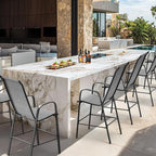 VINGLI Outdoor Bar Chairs Set of 8 – Stackable Outdoor Bar Stools with Sturdy Sling High Back and Armrests for Lawn, Courtyard, Garden, Bar, Silver Gray