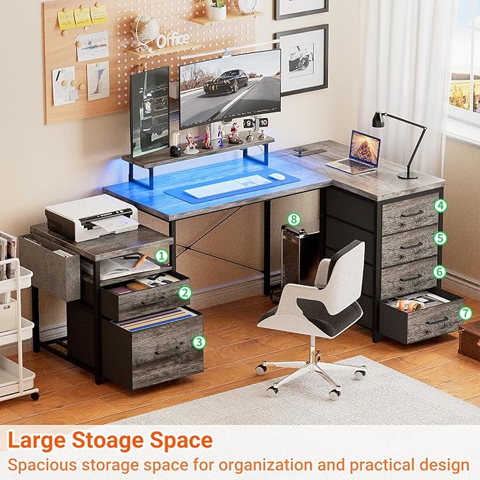 Unikito 70.8" Reversible L Shaped Computer Desk with Fabric File Drawers, Corner Desk with RGB LED Lights & Power Outlets & Monitor Stand, Large Gaming Desk for Home Office Workstation, Black Oak
