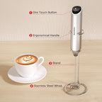 Bonsenkitchen Milk Frother with Stand for Coffee, Battery Operated Frother | Fast Handheld Drink Mixer with Stainless Steel Whisk, Powerful Hand Frother, Creates Rich Foam, Silver