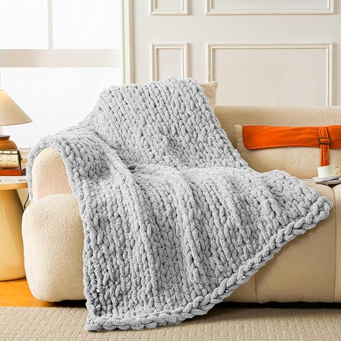 Ultra Soft Chunky Knit Blanket Throw -40x50 Hand Knitted Warm Chenille Throw Blanket, Home Decor Soft Thick Yarn Cable Knit Blanket Breathable Fleece Banket Christmas for Couch Bed Sofa Best GIF