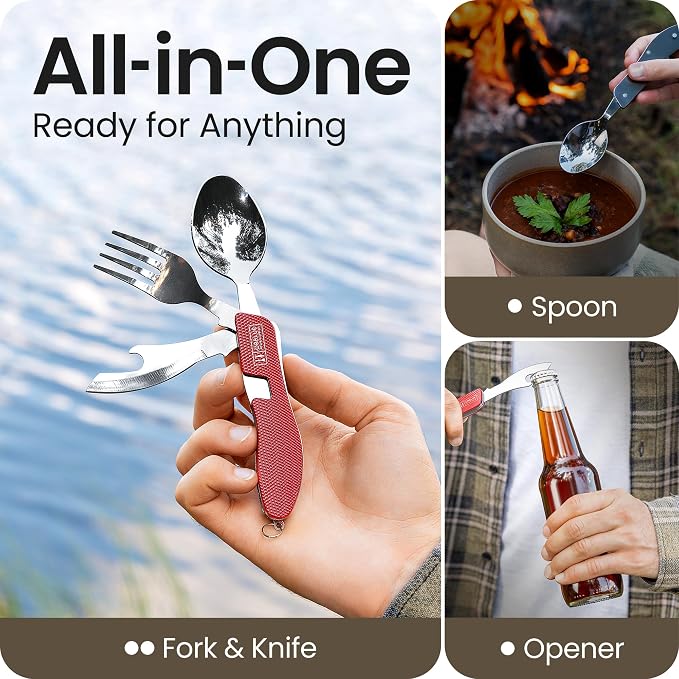 Orblue 4-in-1 Camping Eating Utensils, 2-Pack - Portable Spoon, Fork, Knife & Bottle Opener Combo Set - Stainless Steel Flatware with Detachable Fork - Travel, Backpacking Cutlery Multitool, Red