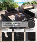 Kullavik 13 Pieces Outdoor Patio Furniture Set with 43" 55000BTU Gas Propane Fire Pit Table PE Wicker Rattan Sectional Sofa Patio Conversation Sets,Black