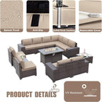 Patio Furniture Sectional Sofa Set 13-Pieces PE Rattan Patio Conversation Set w/43in Gas Fire Pit Table, Outdoor Furniture with 55000 BTU Propane Fire Pit, Sand