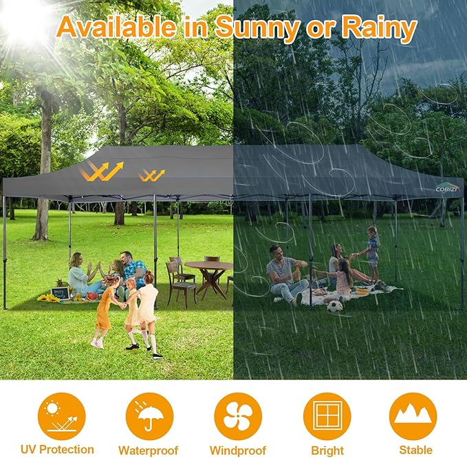 COBIZI 10x30 Pop Up Canopy Without Sidewall,Heavy Duty Canopy UPF 50+ All Season Wind Waterproof Commercial Outdoor Wedding Party Tents for Parties Canopy Gazebo with Roller Bag(10 x 30 ft Gray)