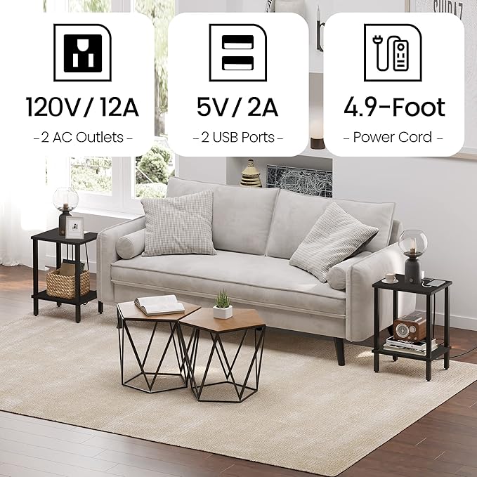 TUTOTAK End Table with Charging Station, Set of 2, Side Table with USB Ports and Outlets, Nightstand, 2-Tier Storage Shelf, Sofa Table for Small Space, Living Room, Bed Room TB01BK041