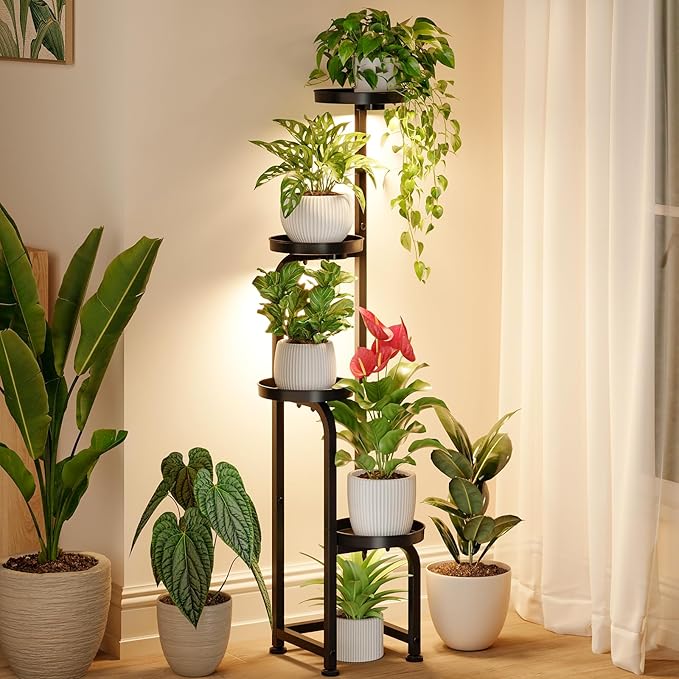 Bamworld Plant Stand with Grow Light, Corner Metal Flower Pot Stands for Multiple Plants, 4 Tier Heavy Duty Plant Shelf for Patio Garden Balcony Living Room Bedroom(Patent Design)