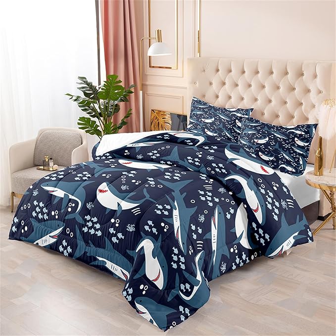 Shark Comforter Set for Bedroom - 3Pcs Boys Shark Bedding Set for Bedroom Cute Cartoon Shark Comforter Set for Kids Sea Animals Theme Boys Room Decor with 1 Comforter + 2 Pillowcases, Queen Size