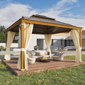 YOLENY 12' x 14' Hardtop Gazebo, Wood Grain Aluminum Frame Canopy with Galvanized Steel Double Roof, Outdoor Patio Gazebo with Netting and Curtains for Backyard, Patio, Lawns