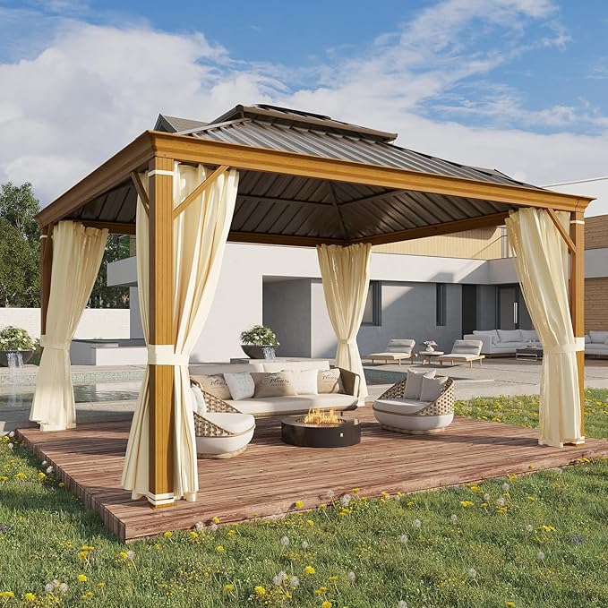YOLENY 12' x 14' Hardtop Gazebo, Wood Grain Aluminum Frame Canopy with Galvanized Steel Double Roof, Outdoor Patio Gazebo with Netting and Curtains for Backyard, Patio, Lawns
