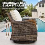 MEISSALIVVE 3 Pieces Patio Furniture Set with Swivel Chair, Outdoor Swivel Rocker with Washable Cushions & Tempered Glass Tabletop, Outdoor Rattan Conversation Set for Lawn Backyard Porch (Brown)