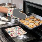 Wildflowers Floral Meadow Oven Mitts and Pot Holders (4PCS),Heat Resistant Non-Slip Silicone Kitchen Gloves for Cooking, Baking, BBQ Waterproof Kitchen Accessories