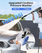 Cordless Pressure Washer 1080PSl Portable High Pressure for Car Wash Outdoor Cleaning, Handheld Power Washer with 6-in-1 Adjustable Nozzle, Foam Cannon for Fences/Driveways/Patios/Home (1X 4Ah)
