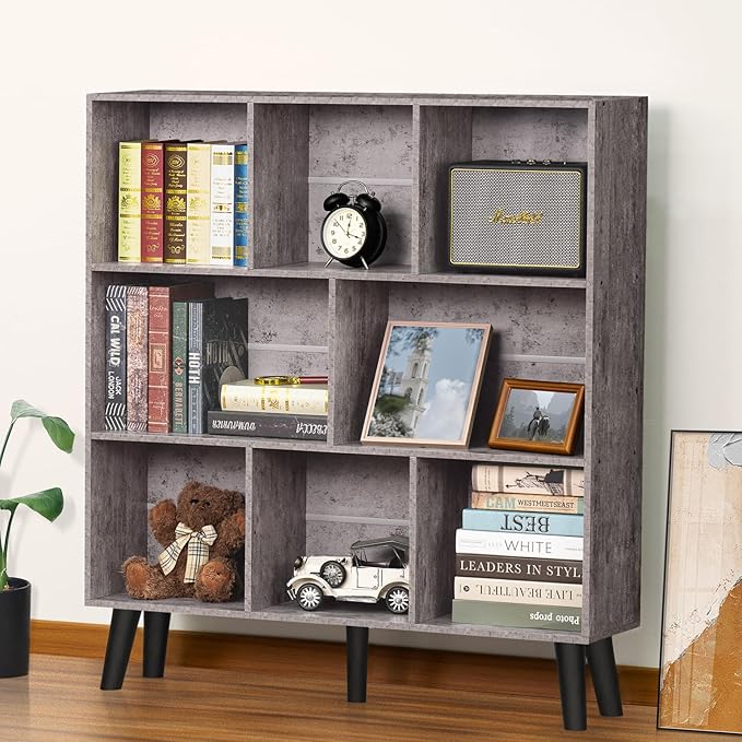 LEYAOYAO 8 Cube Bookshelf,Farmhouse Bookcase with Legs,Modern Dirty Grey Mid-Century Bookshelves,Large 3 Tier Open Storage Organizer Shelf, Retro Wood Display Book Case