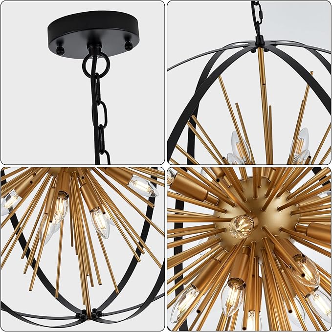 31.5" Black Gold 16-Light Globe Sputnik Chandelier Modern Industrial Adjustable Hanging Ceiling Firework Pendant Light Fixture for Entryway Foyer Stairway Bedroom Dining Living Room Hallway