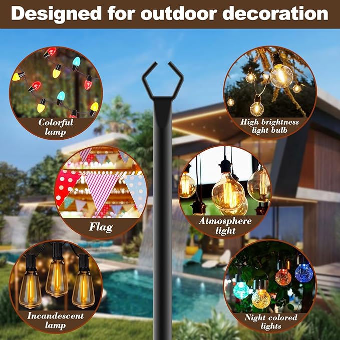 10Ft String Light Poles 4 Pack,Light Poles for Outside Lights,Outdoor with Fence Brackets Hanging Lights,Metal Stand Deck Patio Backyard