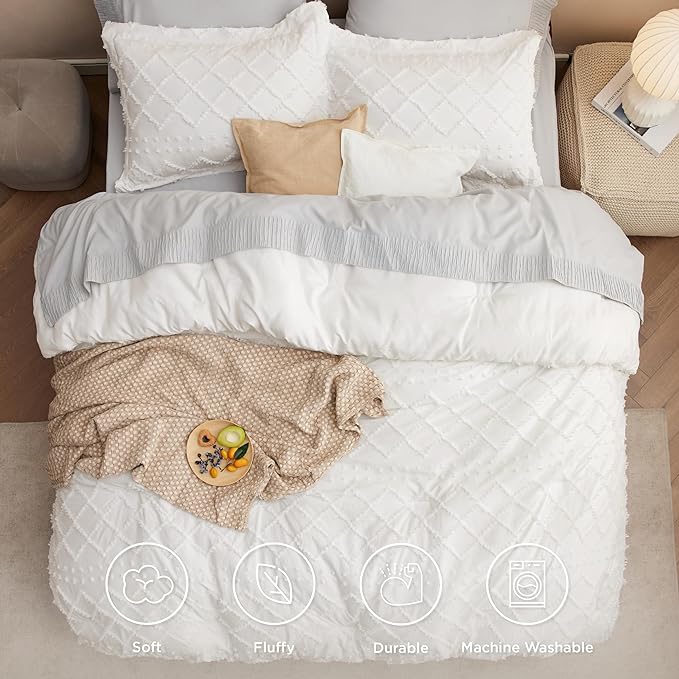 Bedsure Full Size Comforter Set - Ivory Comforter, Boho Tufted Shabby Chic Bedding Comforter Set, 3 Pieces Vintage Farmhouse Bed Set for All Seasons, Fluffy Soft Bedding Set with 2 Pillow Shams
