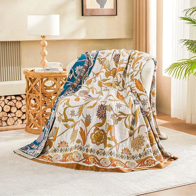 Fall Throw Blanket for Couch, Brown Boho Decorative Throw Blanket, 100% Cotton Muslin Breathable Woven Farmhouse Blankets Quilt, 90"x98" Reversible Lightweight Blankets Bohemian Throw Quilt