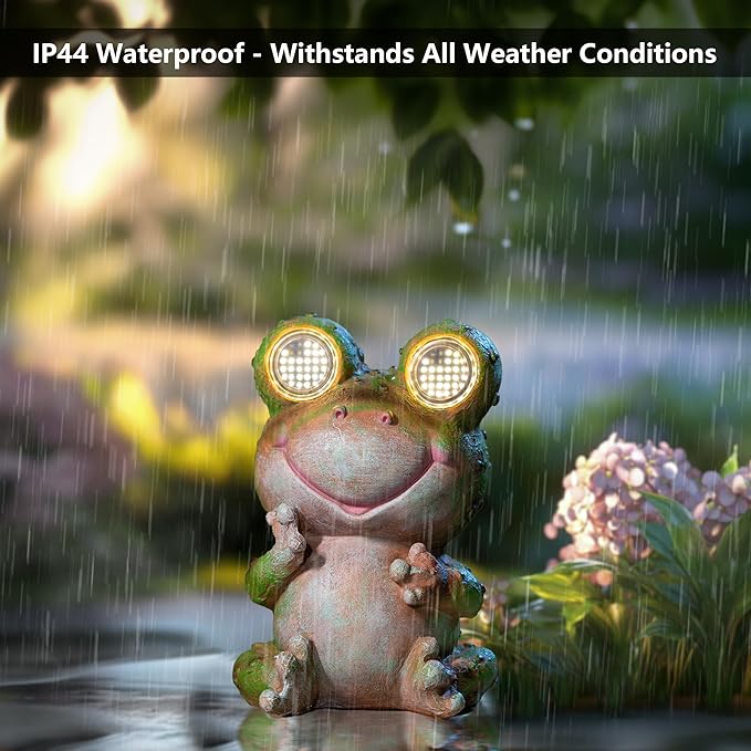 Solar Frog Garden Statue with Rotating Blinking Led Eyes Waterproof Resin Outdoor Decor Auto Dusk-to-Dawn Sensor for Patio Yard Garden Unique Birthday Housewarming Gifts for Women Mom Grandma