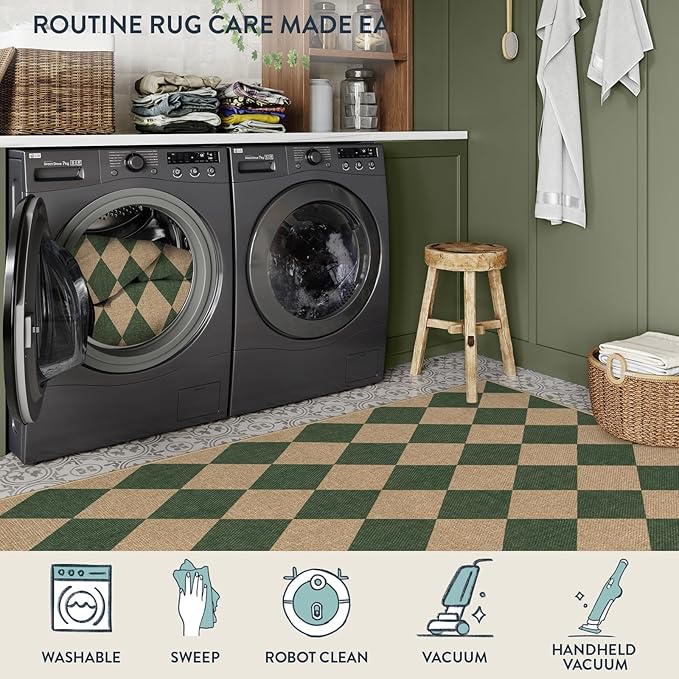 Lahome Checkered Washable Rugs 8x10, Easy Jute Rug for Living Room Patio, Farmhouse Neutral Indoor Outdoor Carpet Non Slip Non Shedding Floor Carpet for Office Deck Backyard