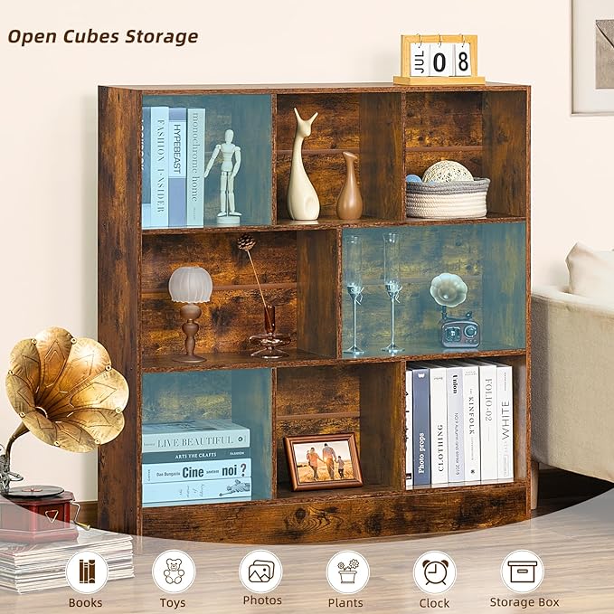 LEYAOYAO 8 Cube Bookshelf with Base,3 Tier Mid-Century Modern Brown Bookcase,Standing Wide Bookshelves Storage Organizer Shelf,Rustic Wood Display Cabinet Book Shelves for Bedroom,Living Room,Office